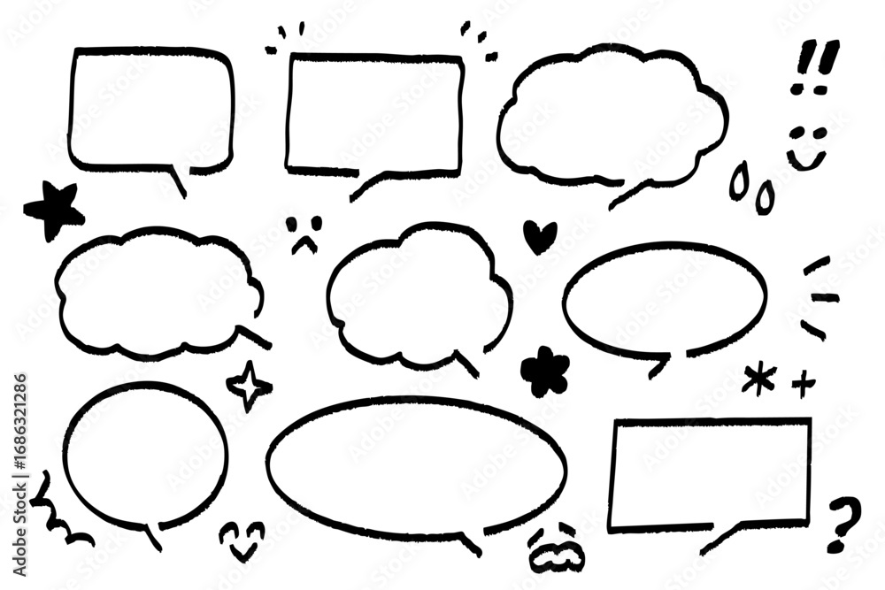 Fototapeta premium 手描き風モノクロ吹き出しセット — 漫画・イラスト・デザイン装飾に使えるシンプルなスピーチバブル素材