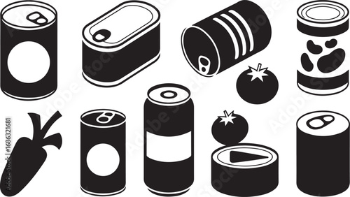 Canned Goods and Produce Still Life Illustration in Black and White Silhouette Style