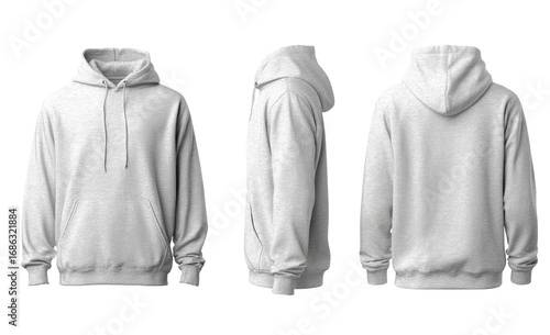 Three-view mockup of a plain, light gray hoodie