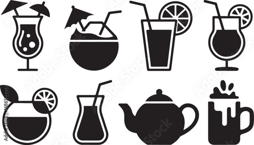 Tropical Drinks and Beverages Vector Icons Set Silhouette Style for Summer Vacation Time