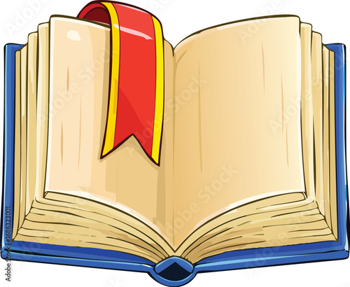 Open book with red bookmark, ready for reading or study, showing blank pages.