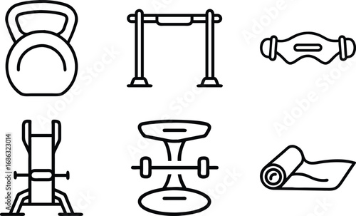 Collection of six black line art fitness equipment icons on white kettlebell pullup