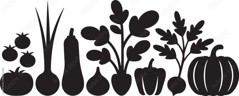Fototapeta premium Garden Bounty A Collection of Vegetable Icons in Black Silhouette on Transparent