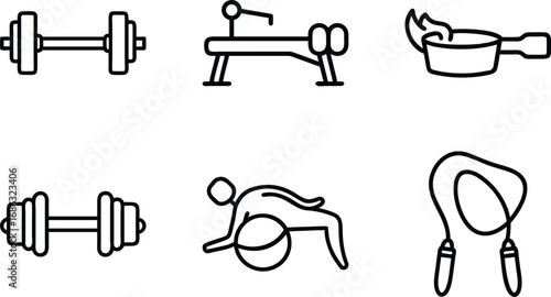 Six black line art icons of fitness equipment and cooking pan dumbbell barbell