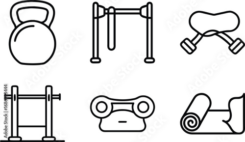 Six black outline icons of gym equipment on white background kettlebell pullup 1