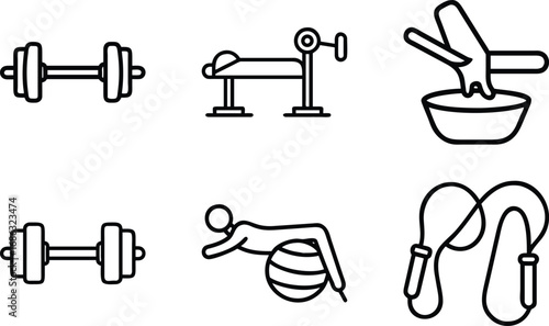 Dumbbell bench exercise ball jump rope icons set weight workout