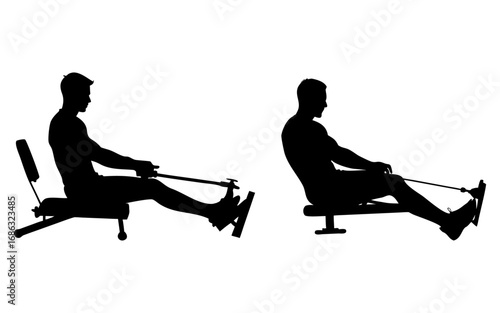 Set of man using rowing machine full black silhouette vector illustration design