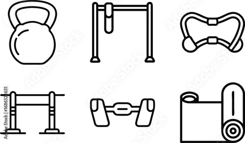 Six black outline fitness equipment icons on white background kettlebell pullup