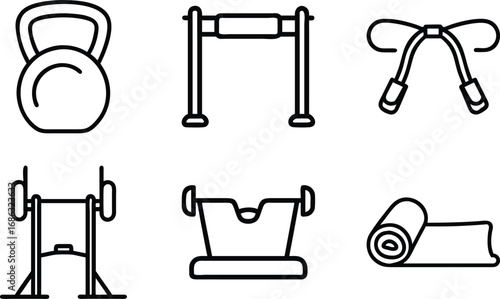 Six black outline icons of gym equipment on white background kettlebell pullup
