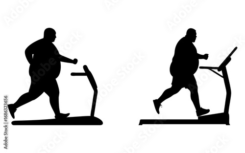 Set of overweight man running full black silhouette vector illustration design