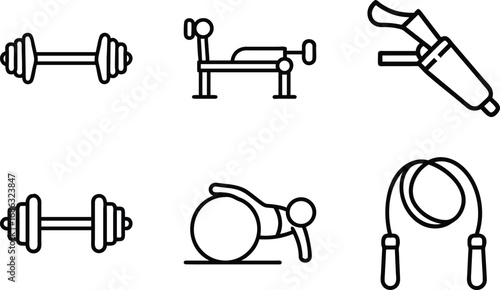 Set of six black line art fitness equipment icons on white background dumbbell barbell
