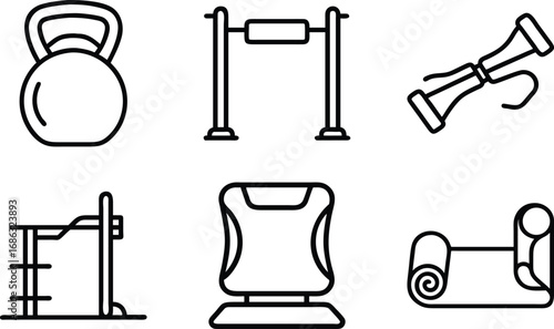 Kettlebell pull up bar weight bench yoga mat and horn icons vector
