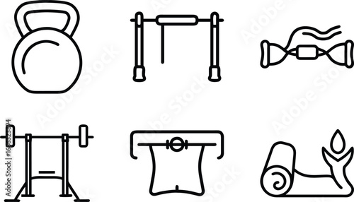 Six black line art icons of gym equipment on a white background kettlebell pullup