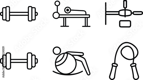 Collection of six black line art fitness equipment icons dumbbell weight
