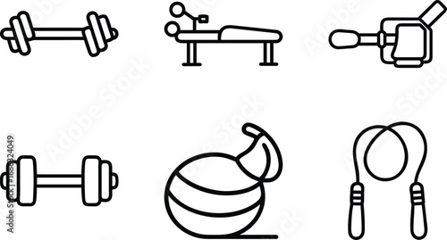 Collection of black line art fitness equipment icons on white dumbbell weight