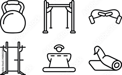 Six black line art icons of gym equipment on white background kettlebell pullup