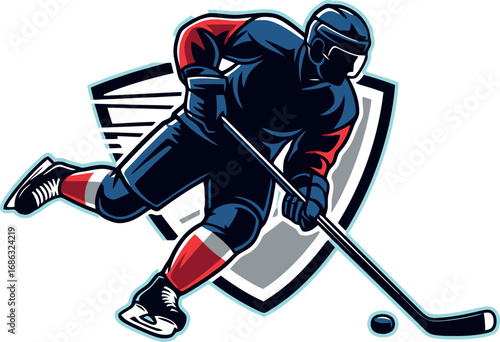 Dynamic ice hockey player mascot skating with a stick and puck in front of a shield emblem, a vector graphic illustration asset for a sports team logo