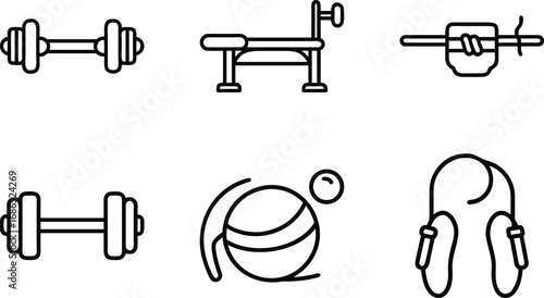 Six black line art icons of fitness equipment on white background dumbbell weight