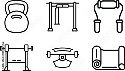 Collection of six black line art fitness equipment icons on white kettlebell pullup 1