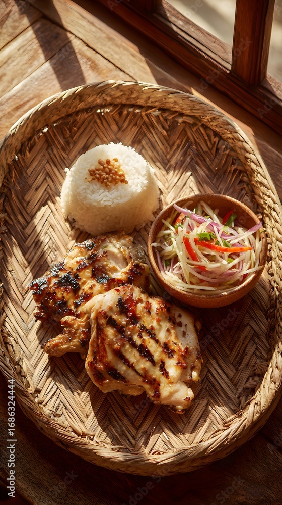 Fototapeta premium Thai grilled chicken gai yang served with sticky rice and green papaya salad in natural daylight.