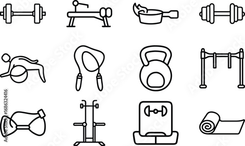 Collection of black line art fitness equipment icons on white background workout exercise 5