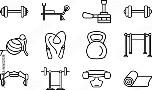 Collection of black and white line art fitness equipment icons workout exercise 1
