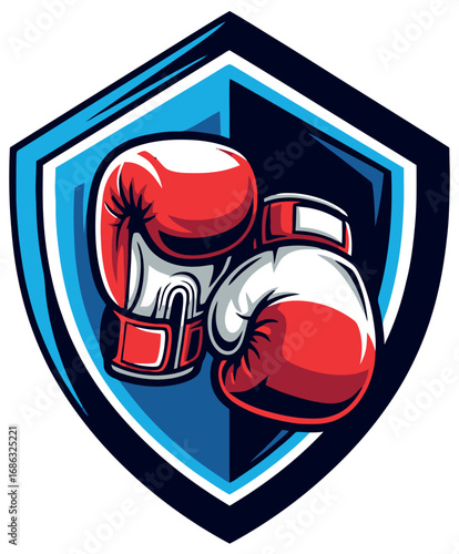 Pair of red boxing gloves inside a shield emblem, a symbol of strength and combat sports