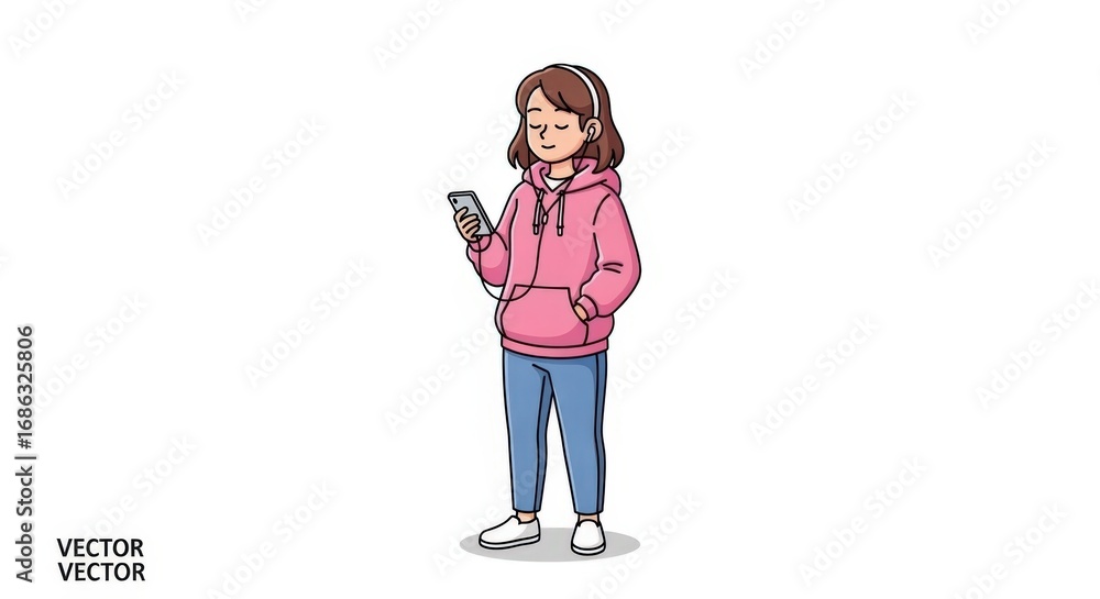 Fototapeta premium Girl with Headphones and Smartphone, Full Length Illustration
