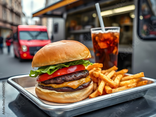 Appetizing double cheeseburger with fresh lettuce, tomato, cheese, crispy golden fries, and cold cola drink from a street food vendor.