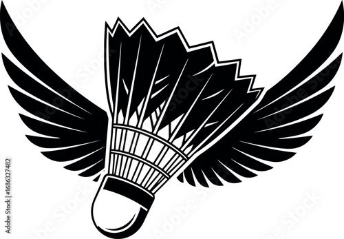 Monochrome vector illustration of a winged shuttlecock, an iconic emblem for badminton sports clubs and tournaments asset