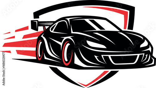 Sleek Black Sports Car with Red Accents Speeding Forward in Shield Emblem
