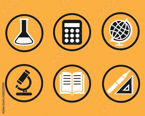 Science and Math Education Icon Set Featuring Flask, Calculator, Globe, Microscope