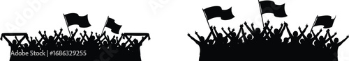 Set of cheering crowd silhouettes with flags and banners, celebrating audience at concert, festival, sports event, or public gathering.
