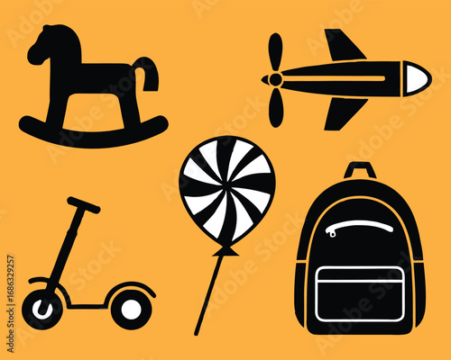 Vector illustration of childhood toys including a scooter, airplane and backpack