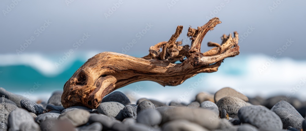 Fototapeta premium Vibrant Coastal Scene with Rolling Waves Crashing onto Rocky Shore under Cloudy Sky and Pieces of Driftwood on Pebbles
