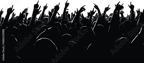 Silhouette crowd raising hands with rock and metal gestures, cheering audience at concert, festival, live music or party event.