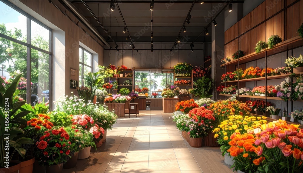 Fototapeta premium A brightly lit floral shop displays an array of colorful flowers and plants, showcasing a vibrant and cheerful interior design.
