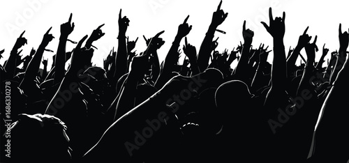 Silhouette crowd raising hands with rock and metal gestures, cheering audience at concert, festival, live music or party event.