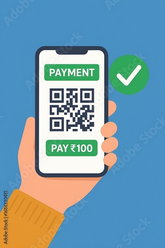 Flat vector illustration of a hand holding smartphone with QR code and digital payment confirmation, concept for mobile banking, online transaction, and contactless payment.  Ai Genreted 