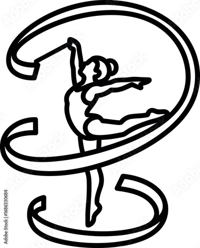 Monochrome line art illustration of a graceful rhythmic gymnast in a dynamic pose with a swirling ribbon, a vector icon for sports and dance