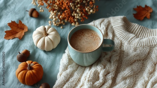 Flat Lay of a Cozy Autumn Setup Featuring a Warm Sweater, Coffee, Mini Pumpkins, Leaves, and Acorns on a Blue Background.
