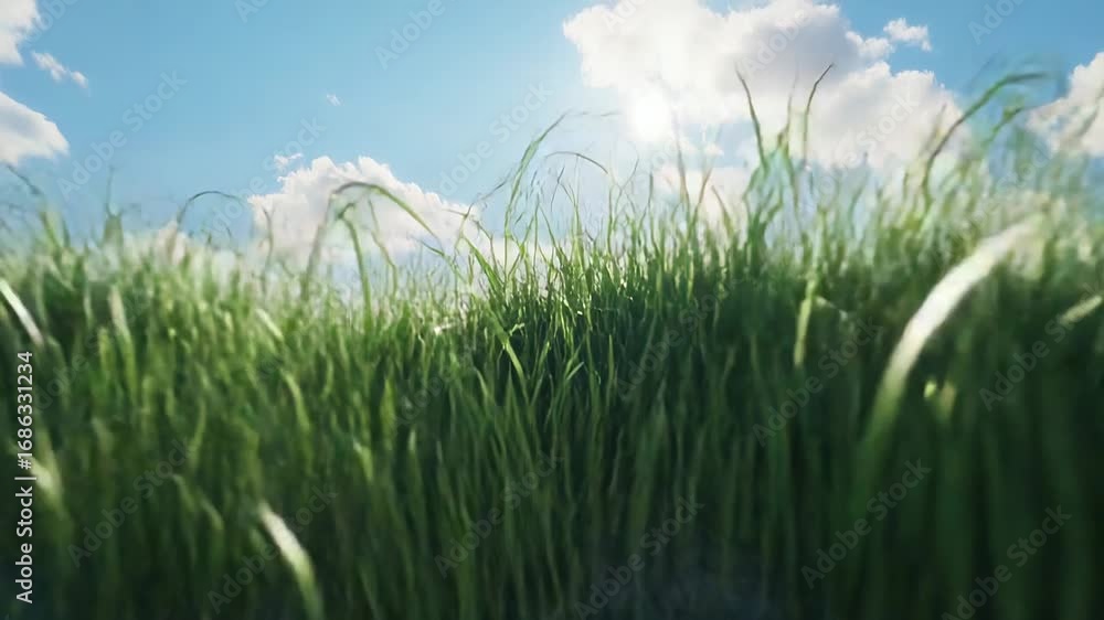 Green grass blowing in the wind under blue sky and white clouds Green grass blowing in the wind under blue sky and white clouds