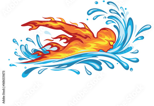 An energetic illustration of a swimmer on fire, powerfully moving through water, symbolizing passion and speed. Vector sports icon asset