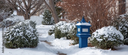 Wallpaper Mural Snowy winter landscape with trees bushes and a blue mailbox on a cold frosty day in a residential garden scene du winter season Torontodigital.ca