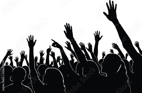 Silhouette of cheering crowd with raised hands in celebration, excited audience at concert, festival, music event, or public gathering.