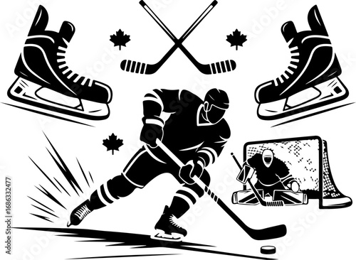 Ice Hockey Silhouette with Skates, Sticks, and Goalie Scene