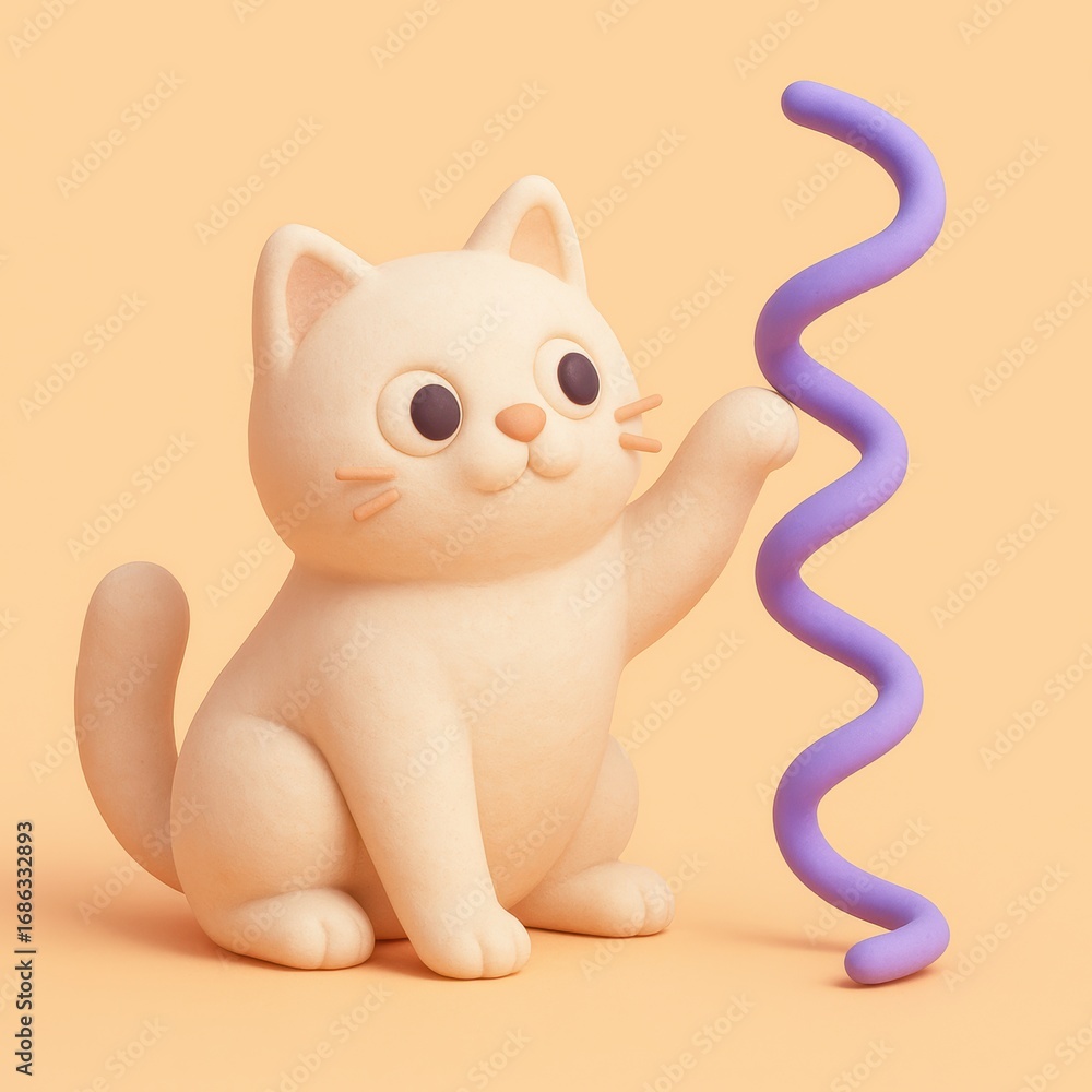 Obraz premium Cute cat playing with purple spiral toy on peach background