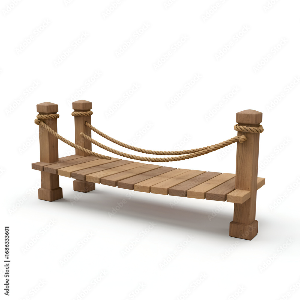 Naklejka premium Wooden dock with nautical ropes spanning a space. Elevated walkway with mooring ropes on isolated white background. Generic object for architectural visualization or design.