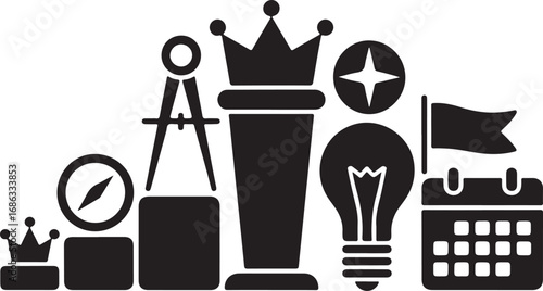 Strategic Planning Vector Illustration with Crown, Compass, and Lightbulb Icons
