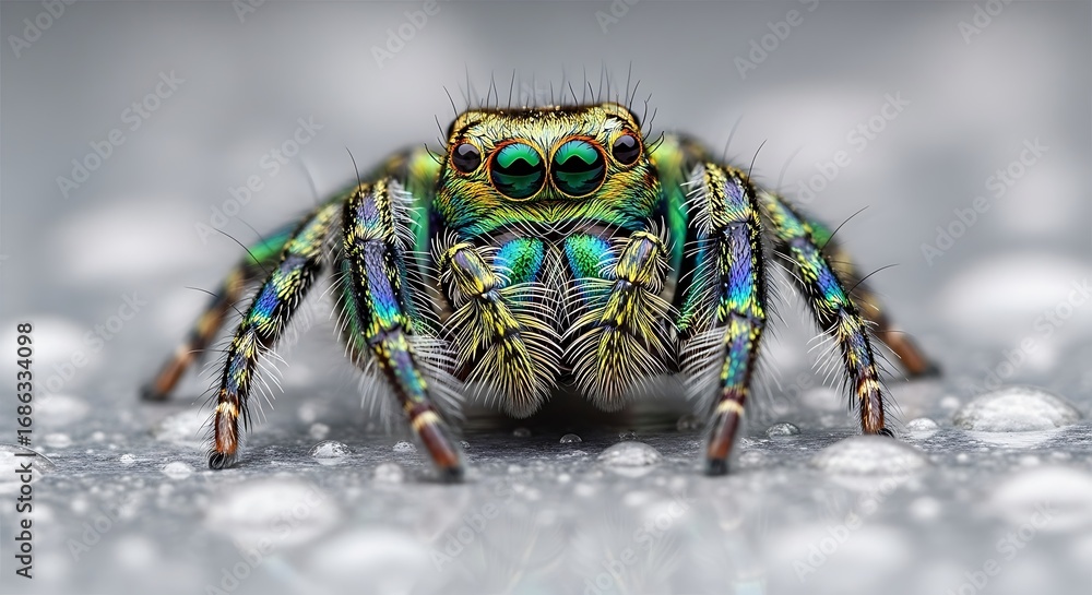 Fototapeta premium Vibrant Rainbow Jumping Spider on Dew-Covered Surface